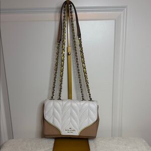 kate spade White and Taupe Quilted Leather Shoulder Bag with Yellow Trim